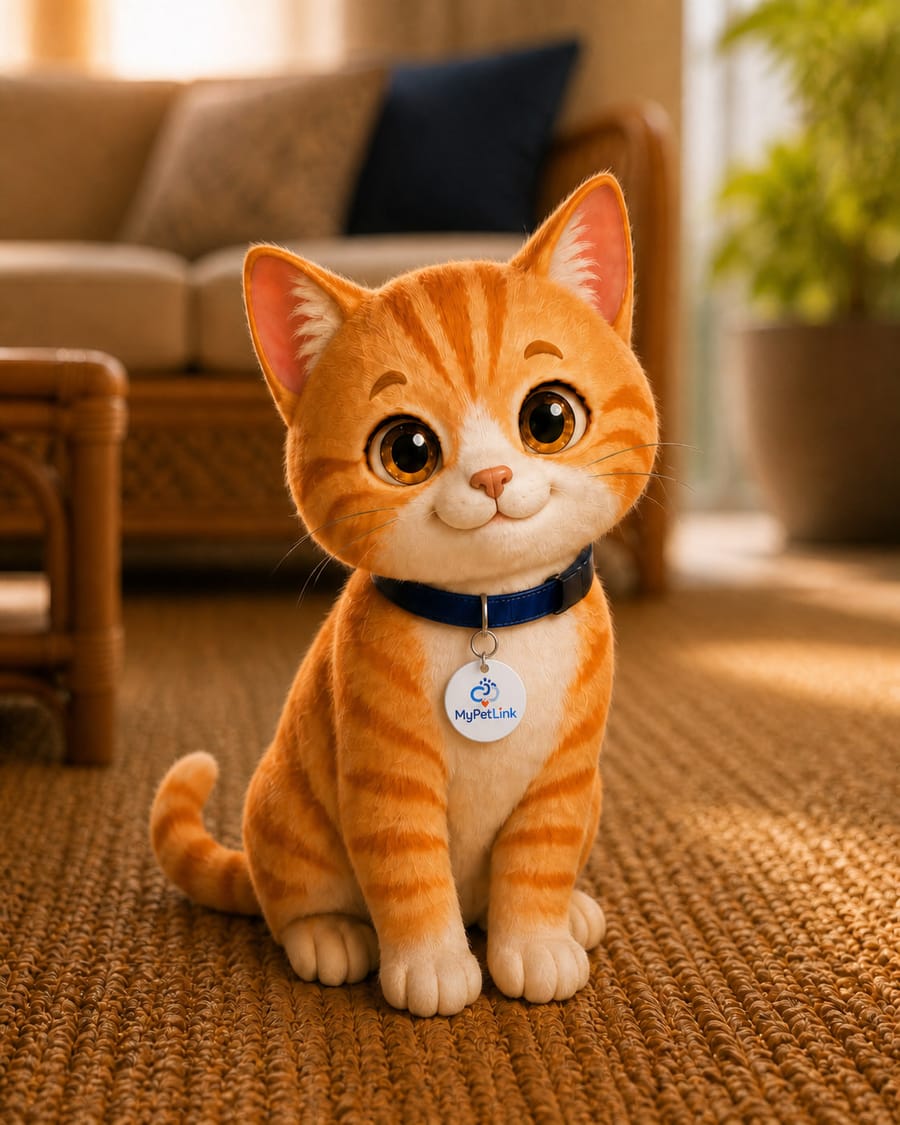 Linko, the MyPetLink mascot cat, wearing a MyPetLink Smart Tag on her collar
